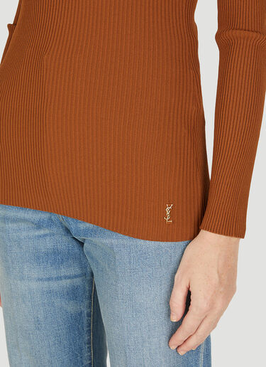 Saint Laurent Logo Plaque Ribbed Knit Sweater Brown sla0249059