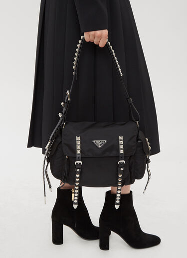 Prada Nylon Studded Shoulder Bag Black pra0233047