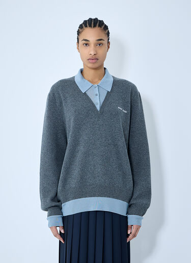 Miu Miu Logo Motif Knit Polo Sweater Blue miu0360007