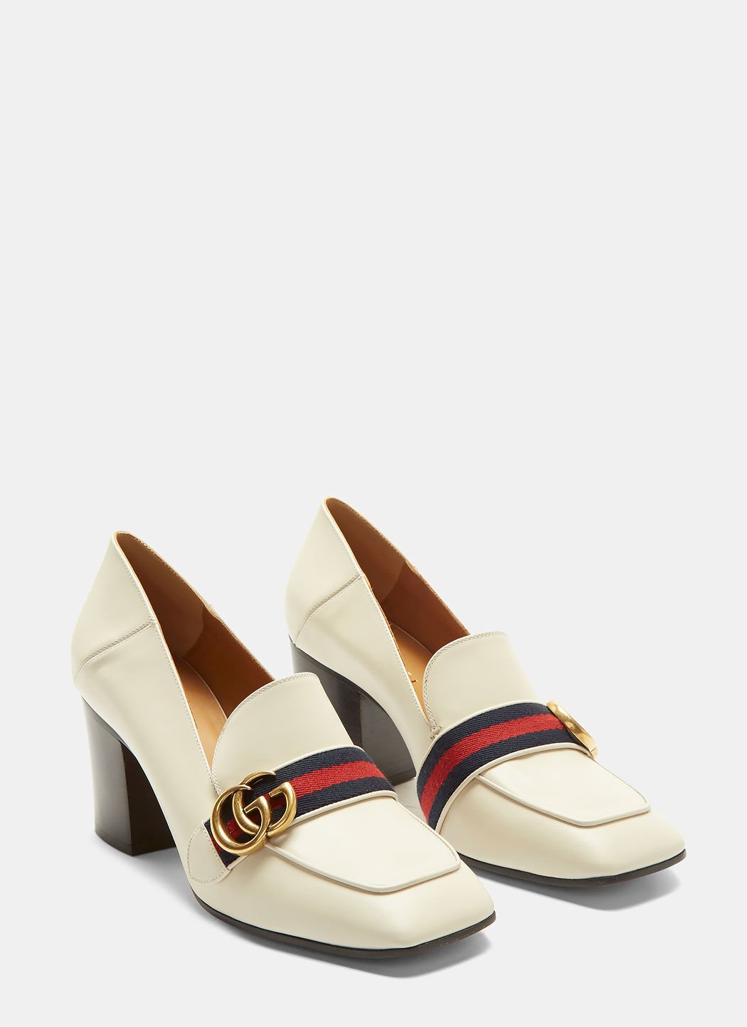 Striped Web Mid Heel Leather Loafers