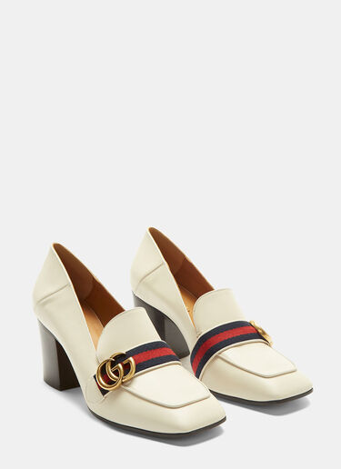 Gucci Striped Web Mid-Heel Leather Loafers White guc0229084