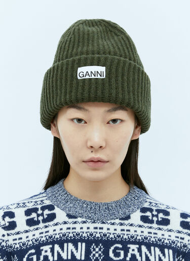 GANNI Logo Patch Beanie Hat Green gan0255068