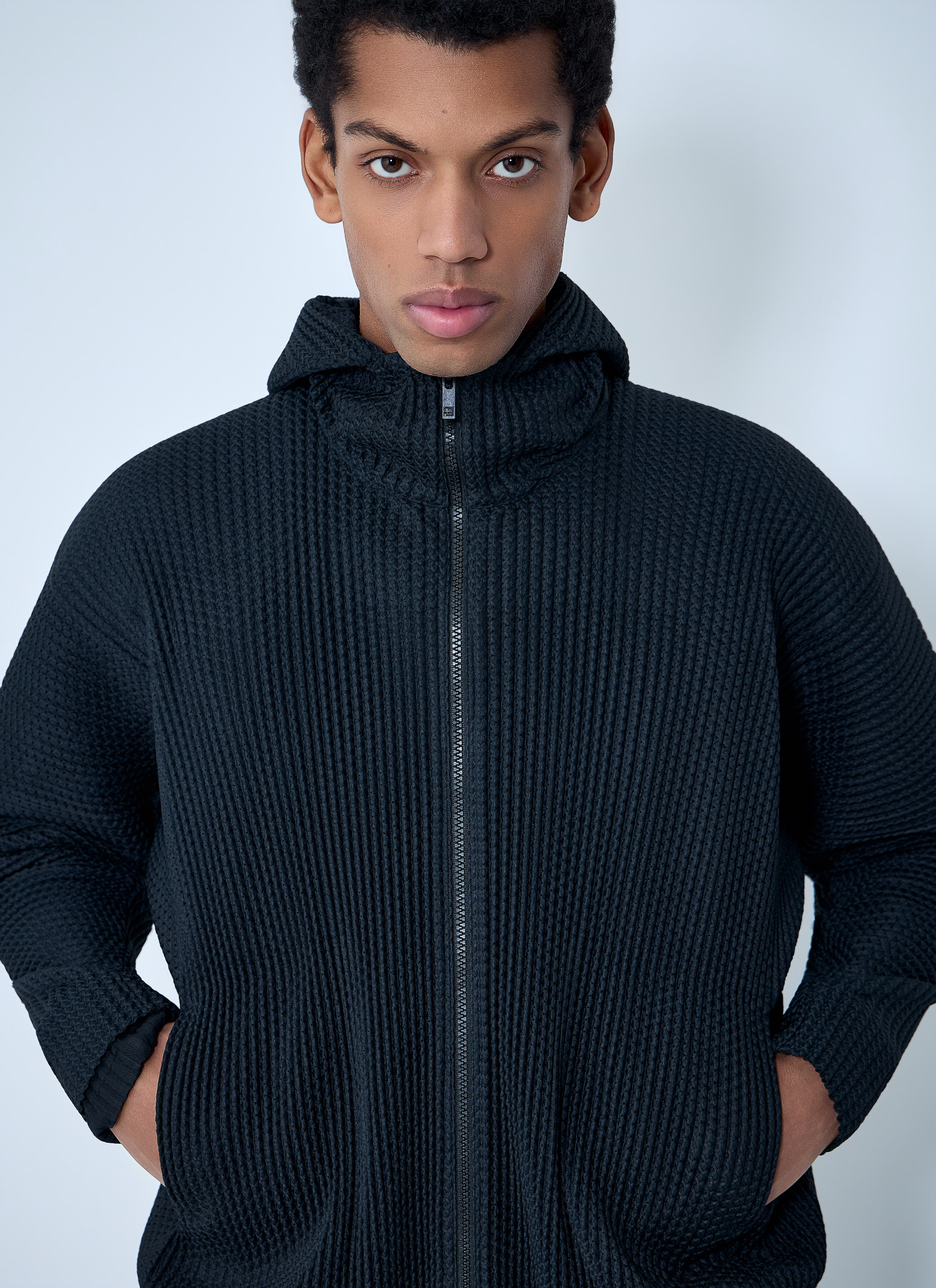 Homme Plissé Issey Miyake Men's' Pleated Zip-Up Hooded Sweater in