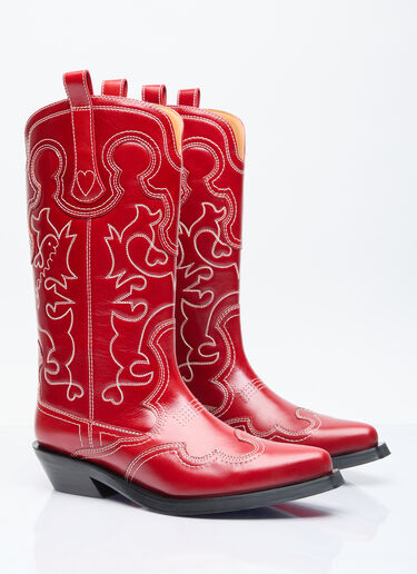 GANNI Mid Shaft Embroidered Western Boots Red gan0255087