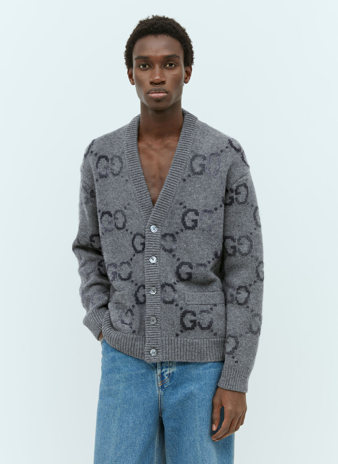 Shop Gucci Gg Intarsia Wool-blend Cardigan In Grey