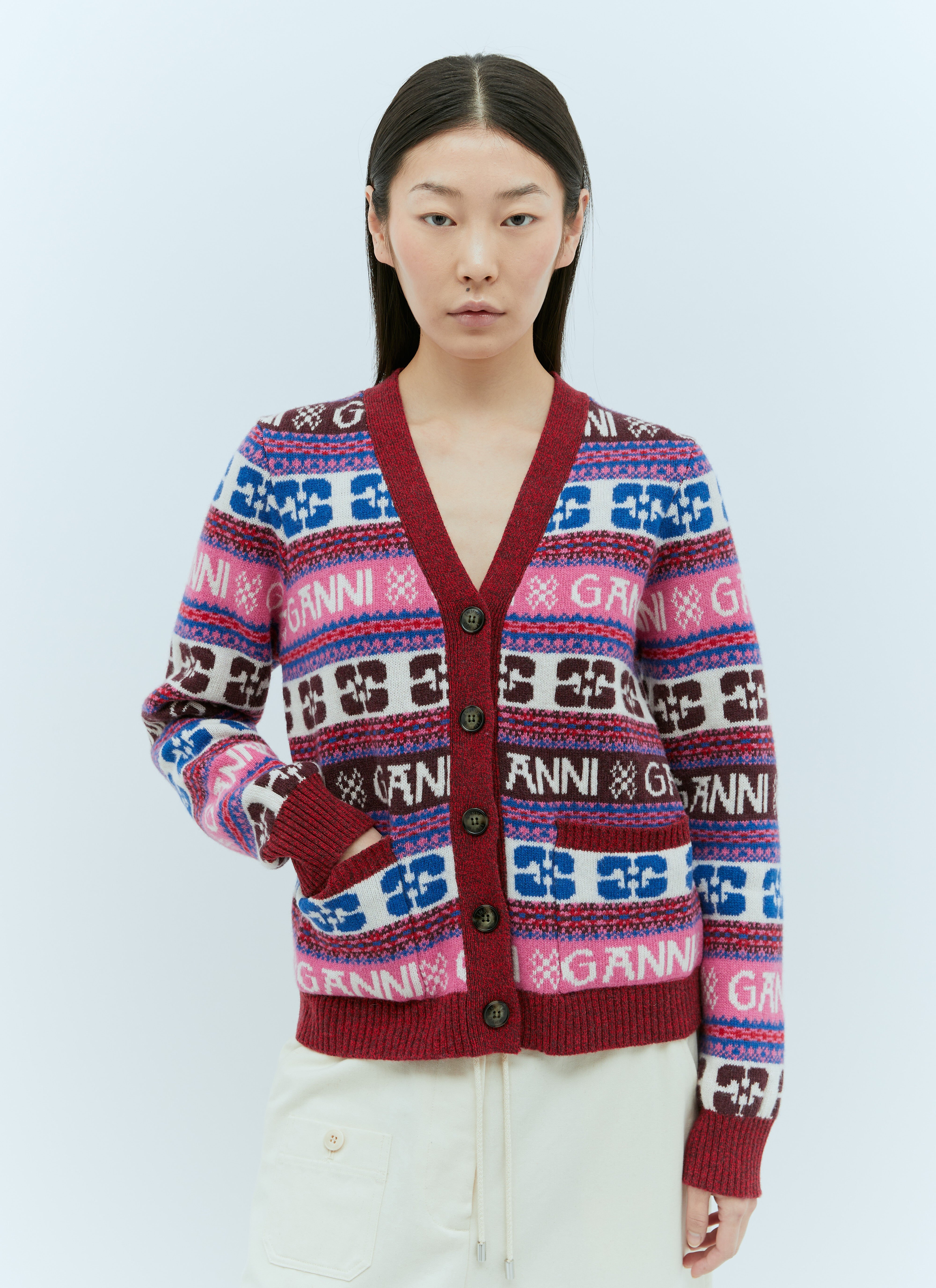 再入荷商品 GANNI レッド の ロゴジャガードウールカーディガン レディース トップス