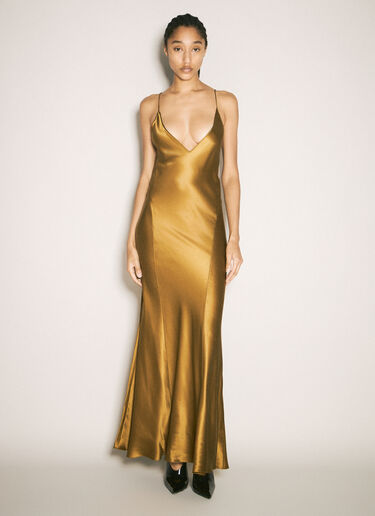 Saint Laurent Silk V-Neck Dress Gold sla0257002