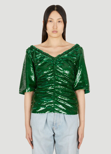 GANNI Ruched Sequin Top Green gan0249011