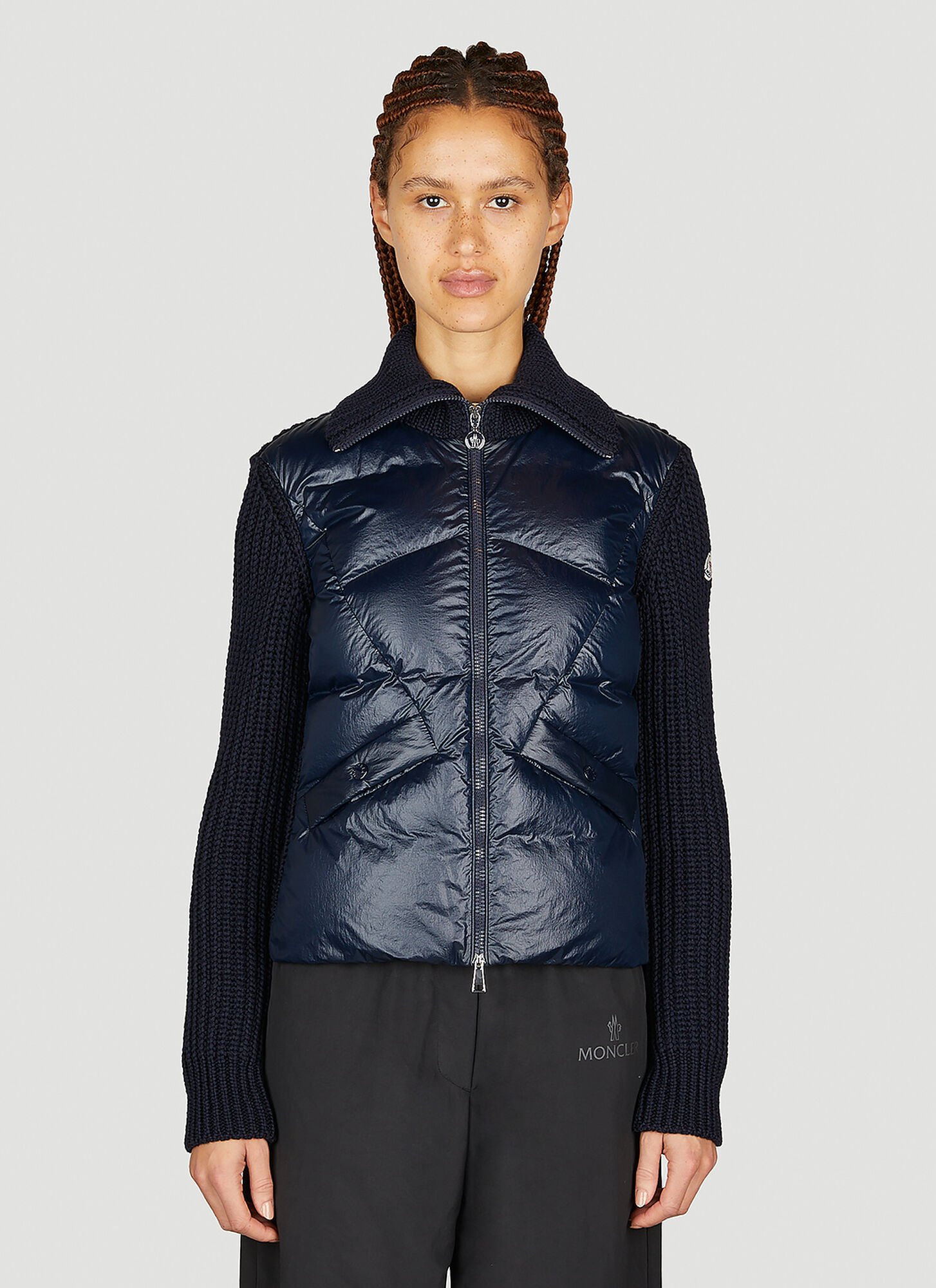 Moncler Wool Knit Cardigan With Puffer Front In Navy