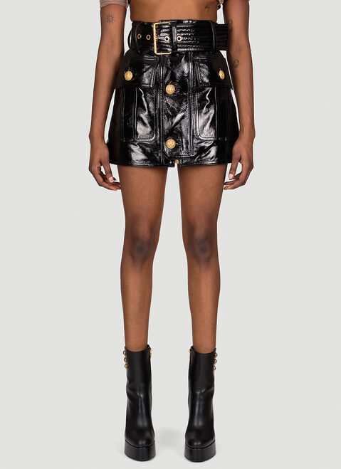 Balmain Patent Leather Mini Skirt Brown bln0254005