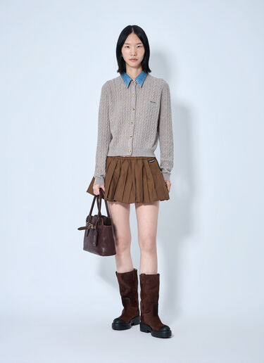 LN-CC® - Miu Miu: Cable Knit Cardigan with Denim Collar - Beige Miu Miu Cable Knit Cardigan with Denim Collar Beige miu0266001