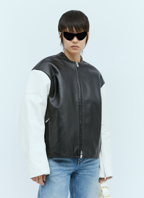 Gucci Contrast Sleeves Leather Jacket Blue guc0255035