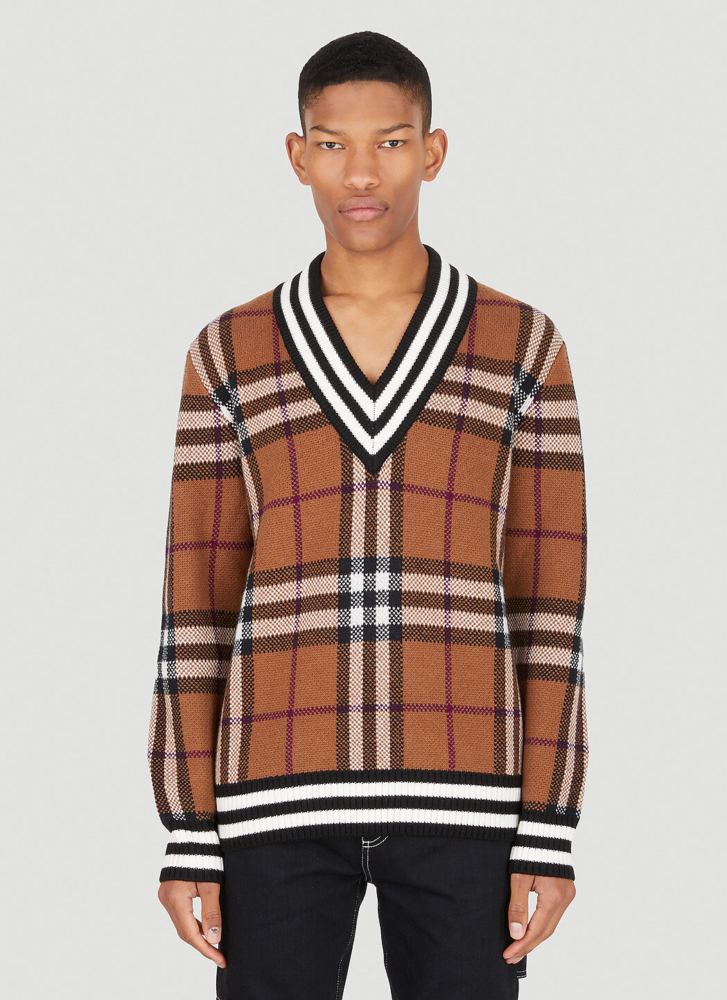 Burberry Check Cashmere V Neck Sweater in Brown LN CC