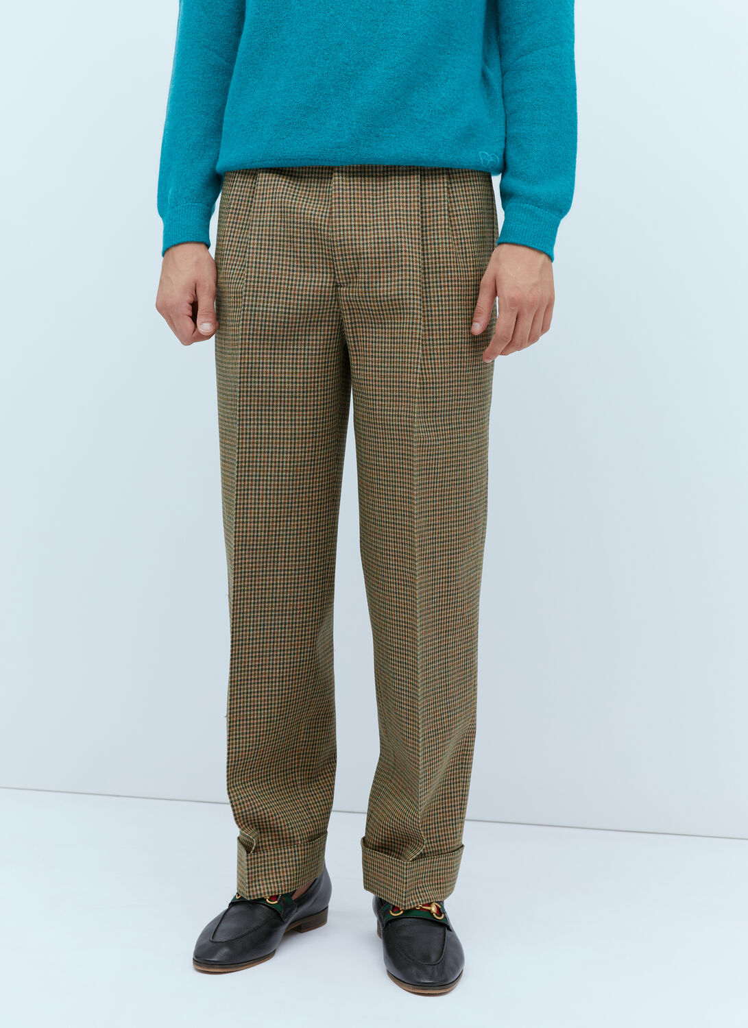 Shop Gucci Check Wool Tailored Pants In Brown