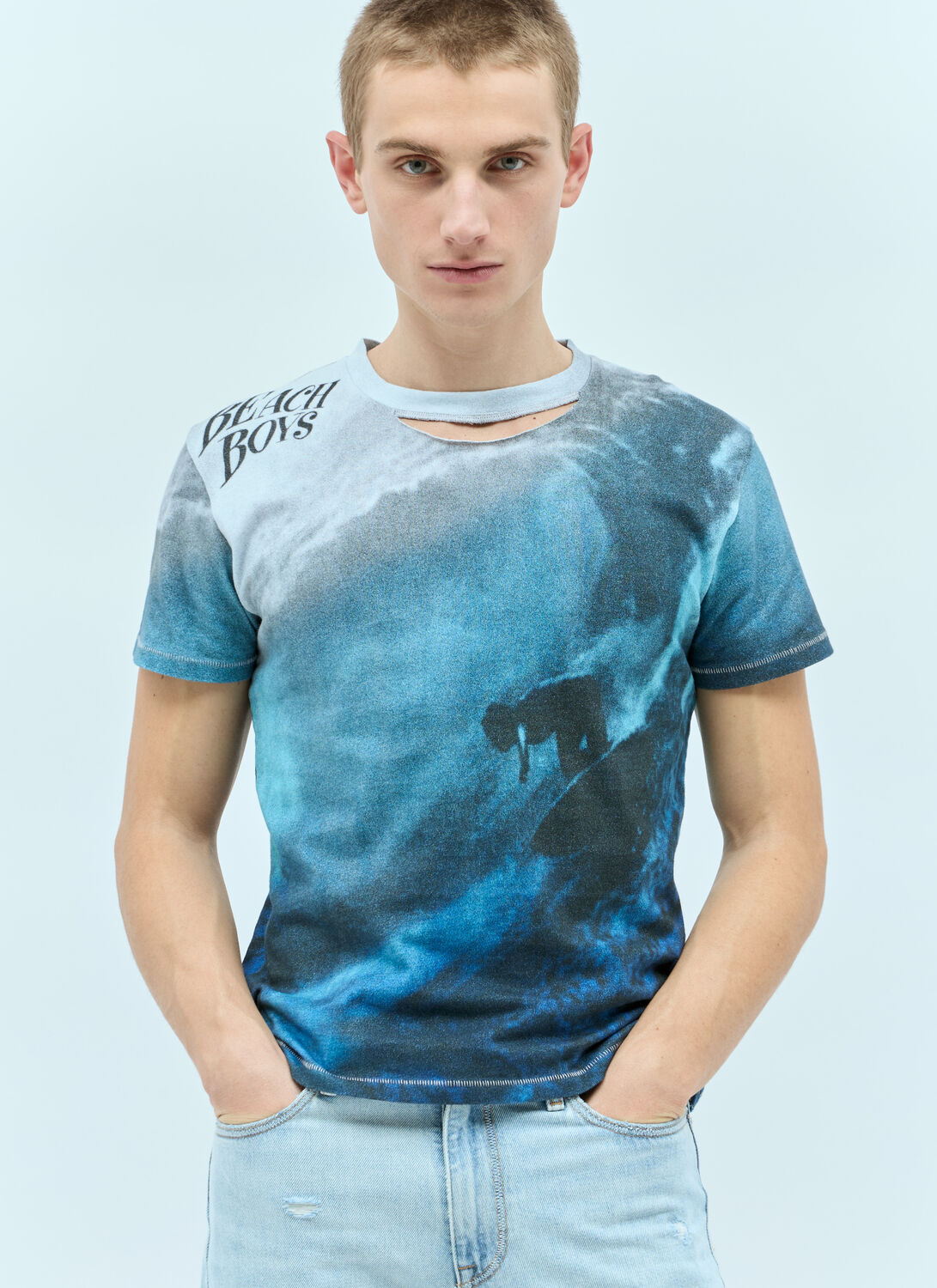 Shop Erl Ripped-collar Beach Boys T-shirt In Blue