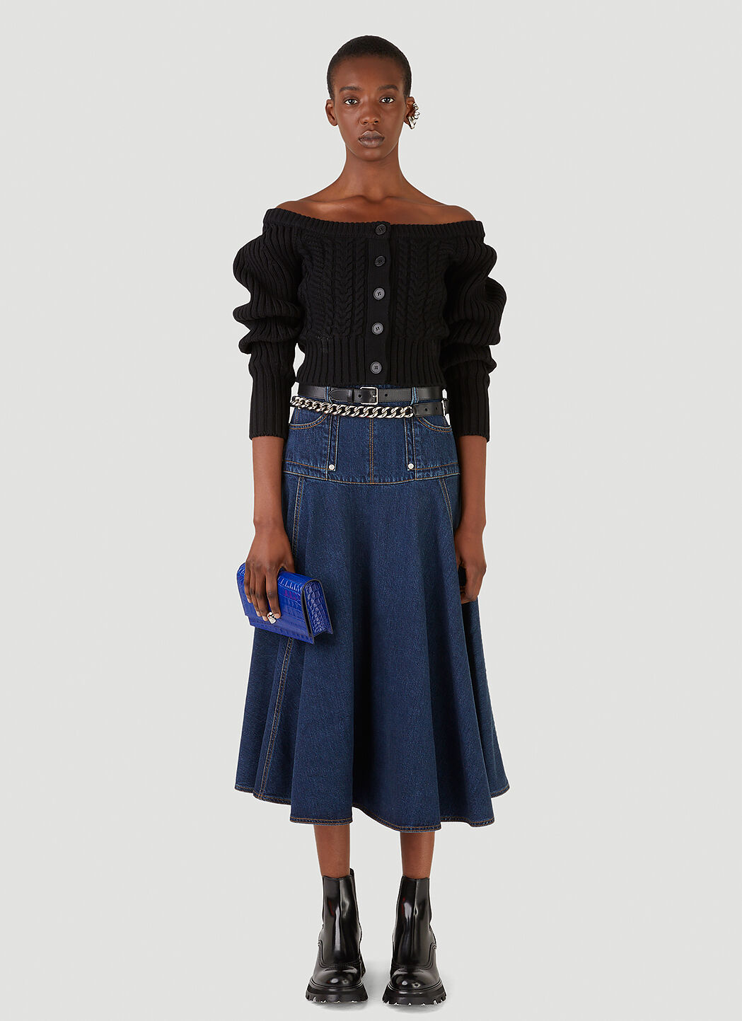 A line denim flare on sale skirt