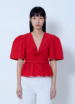 GANNI Cotton Poplin Bow Blouse Red gan0265040