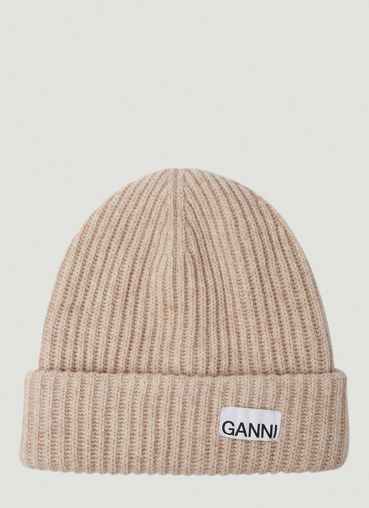GANNI LOGO PATCH RIBBED BEANIE HAT