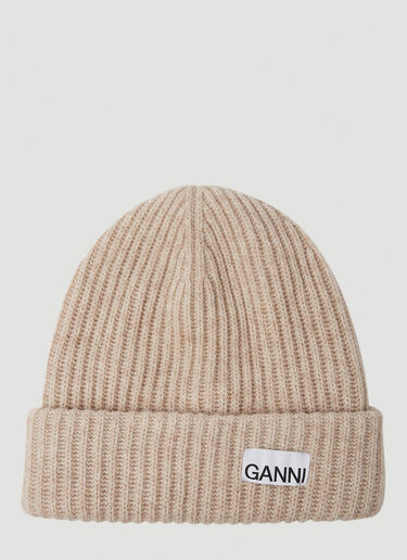 Logo Patch Ribbed Beanie Hat GANNI Logo Patch Ribbed Beanie Hat Beige gan0250049