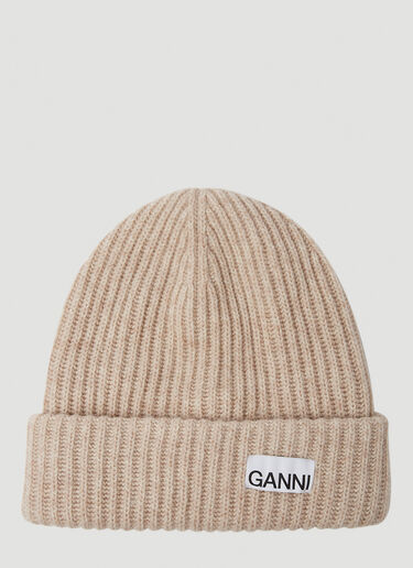 GANNI Logo Patch Ribbed Beanie Hat Beige gan0250049