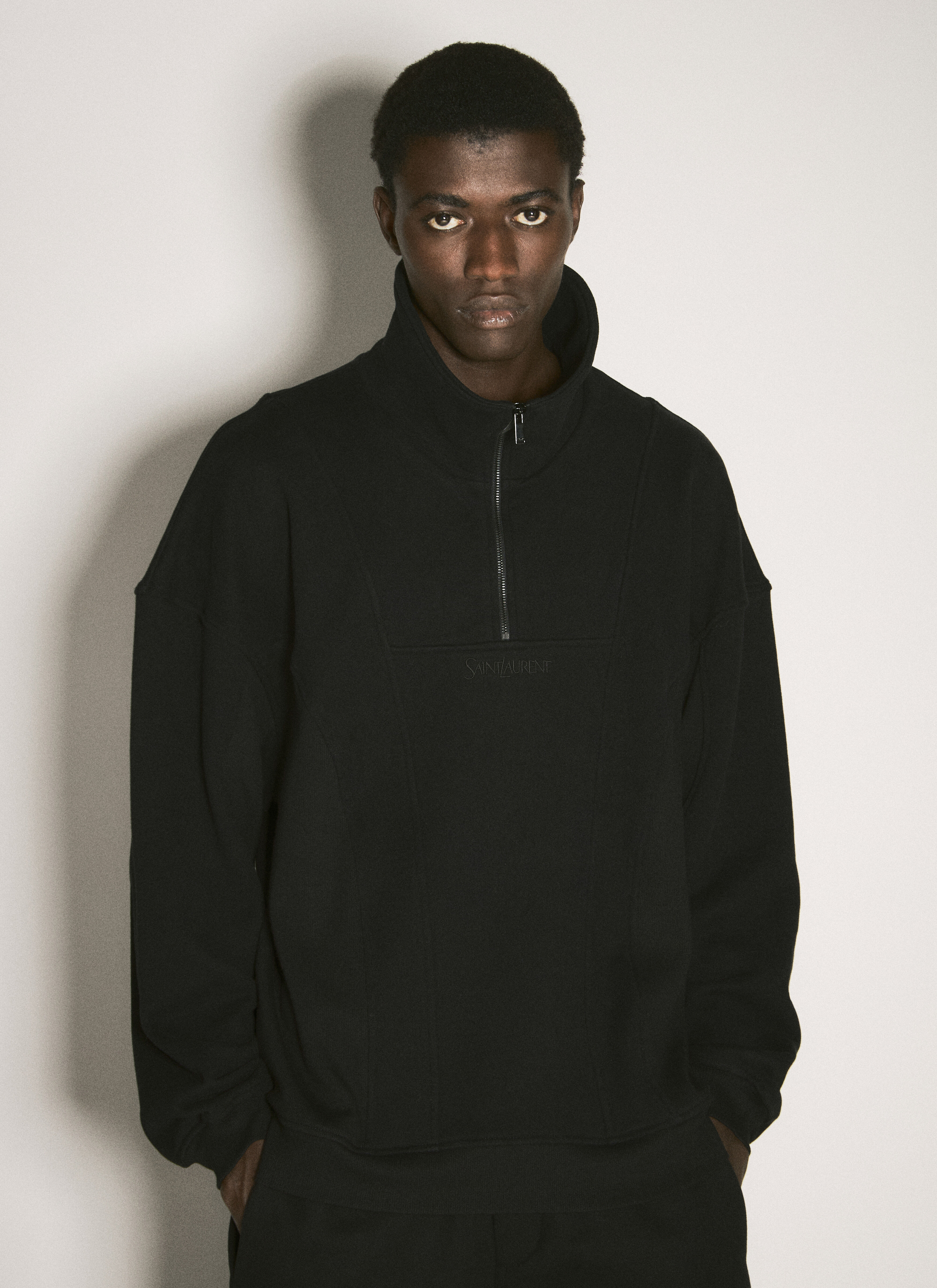 Saint Laurent Men's' Logo Embroidery Half-Zip Sweatshirt in Black | LN-CC®