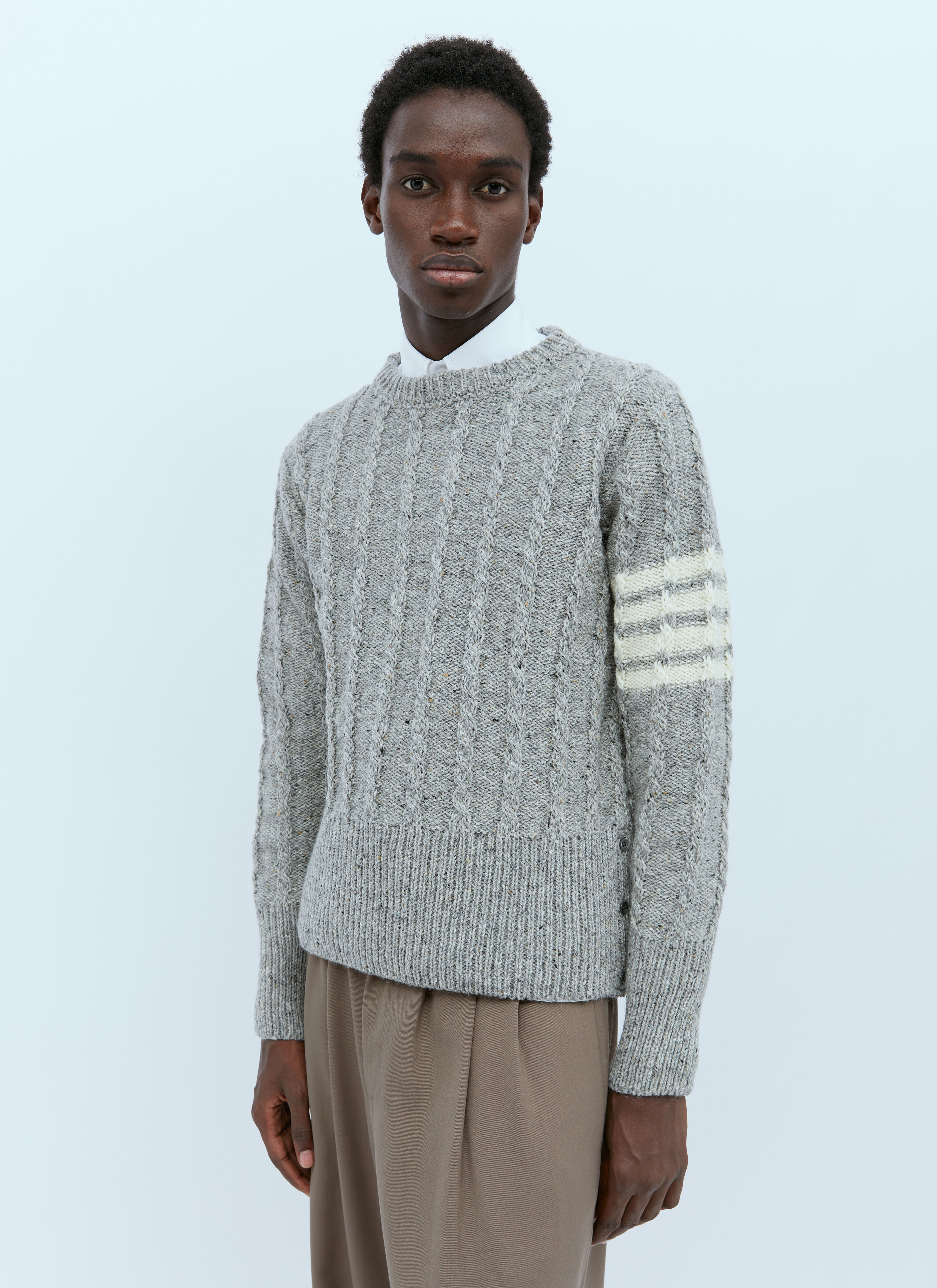 Thom Browne Twist Cable Knit Sweater With Four-Bar Strip Blue thb0155014