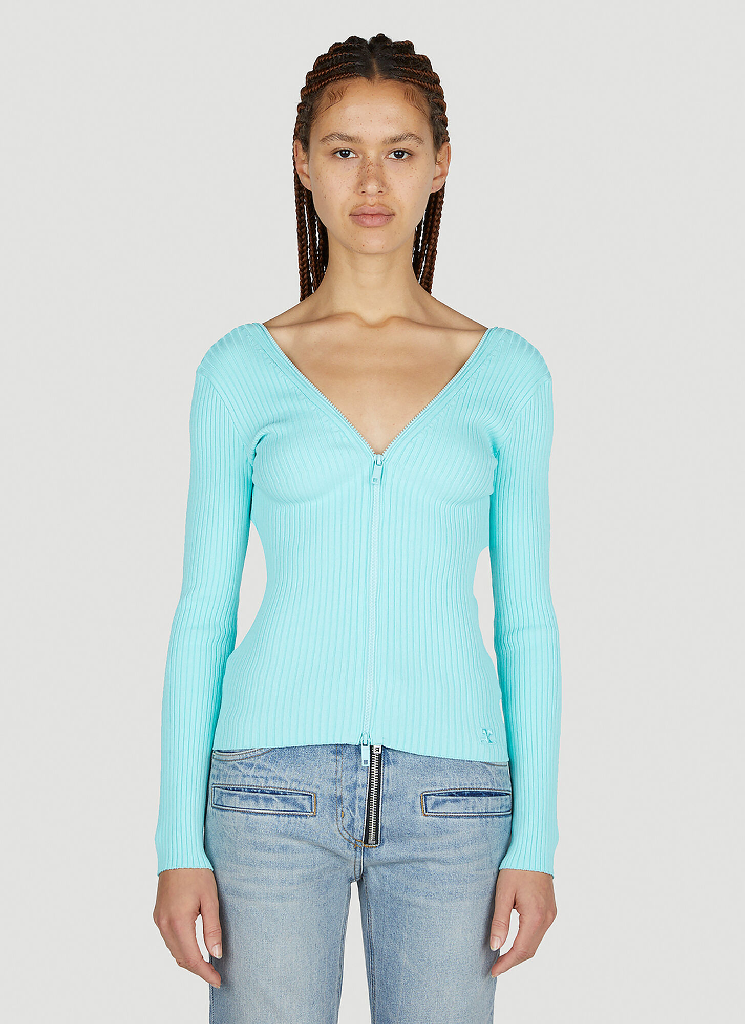 Courrèges Ribbed-knit Zip-up Cardigan In Blue