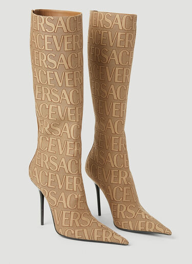 Versace Logo Jacquard High Heeled Boots Beige vrs0253026