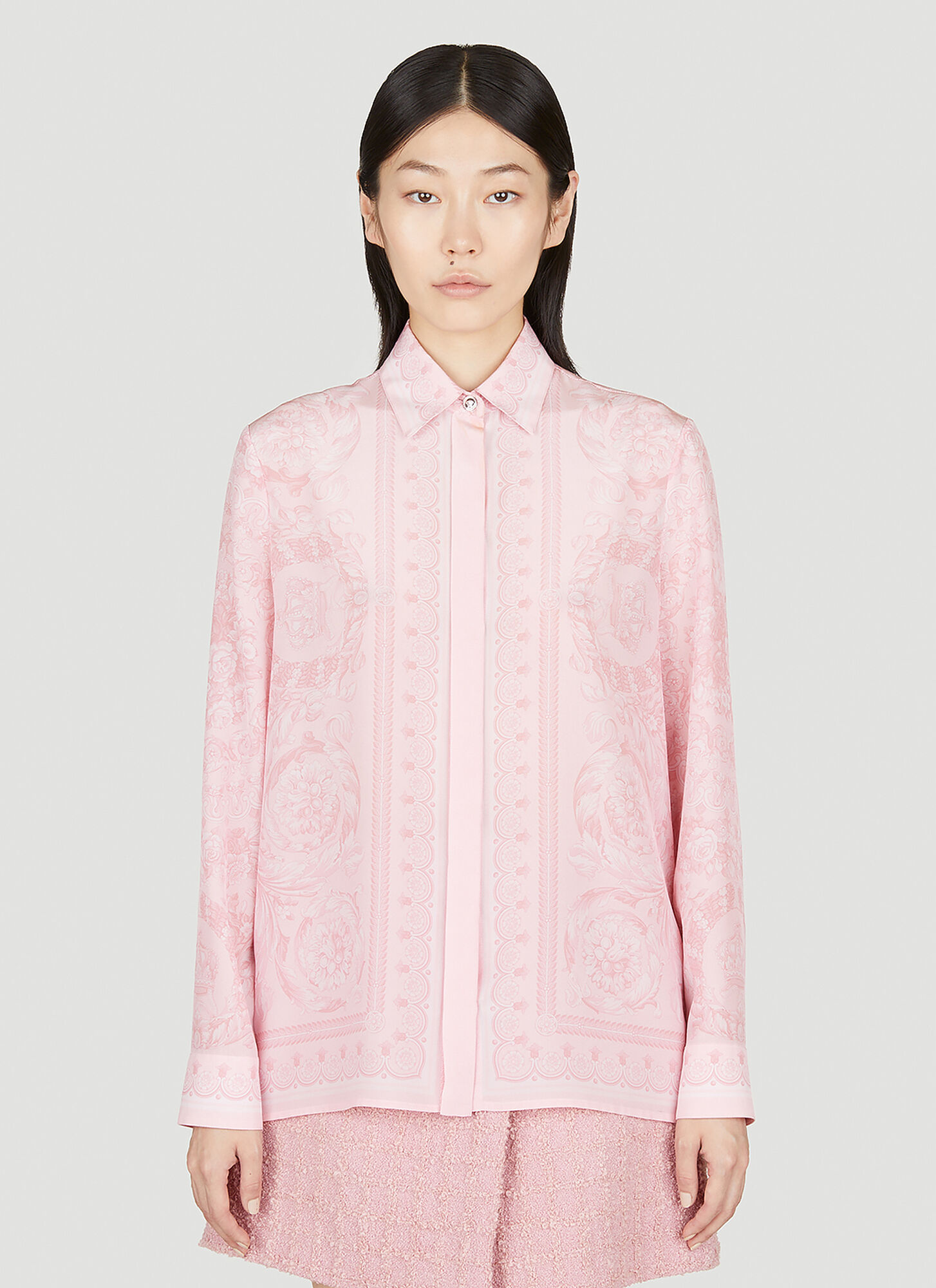 Shop Versace Barocco Silk Shirt In Pink