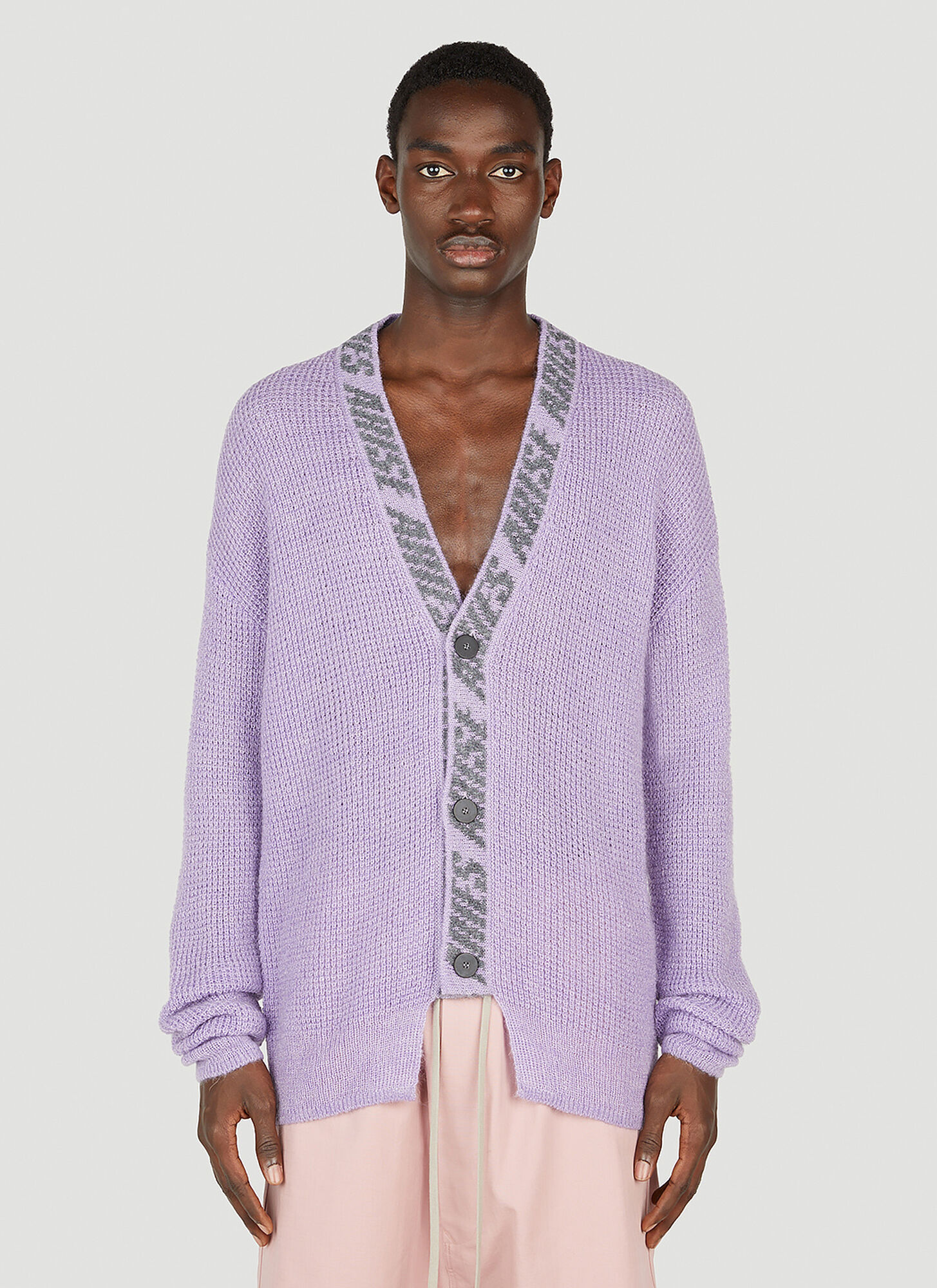Aries Logo Jacquard Waffle Stitch V-neck Cardigan