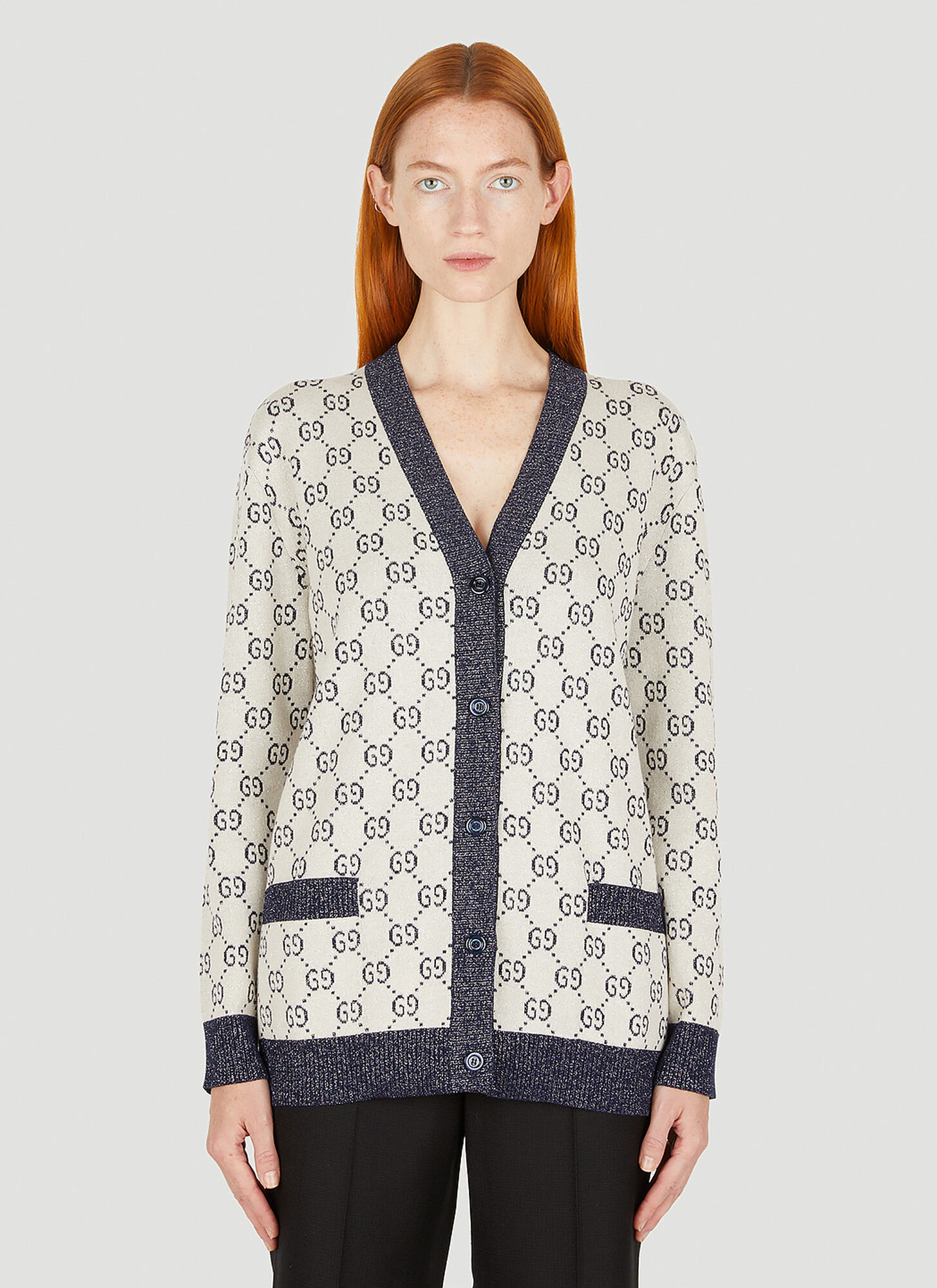 Gucci Gg Intarsia Metallic-trimmed Cotton-blend Cardigan In White
