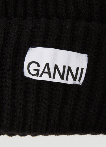 GANNI Logo Patch Ribbed Beanie Hat Black gan0250048