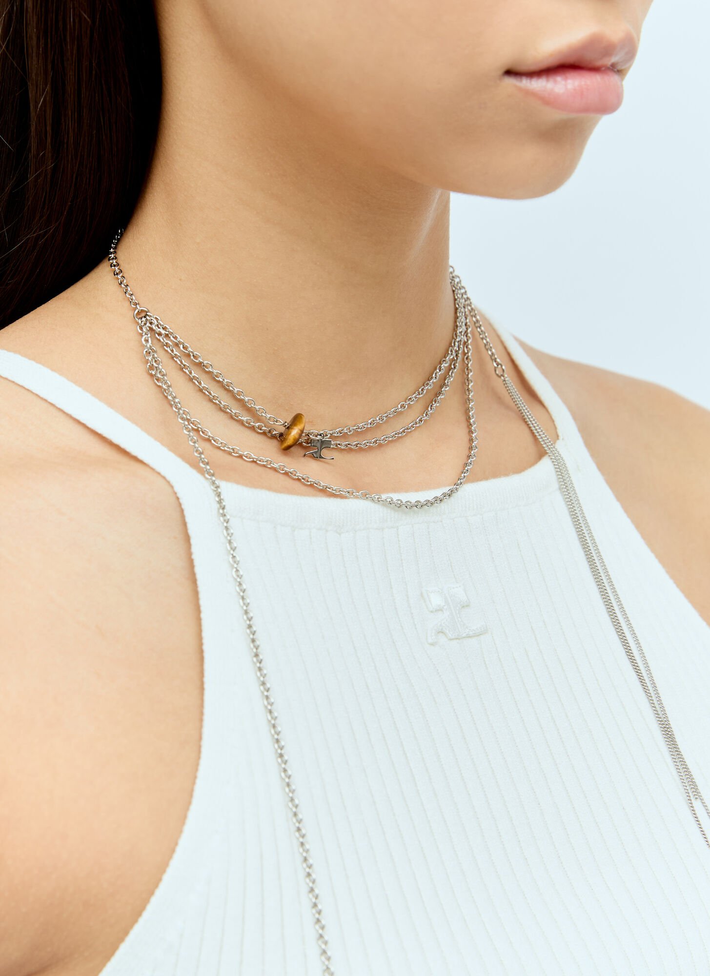 Shop Courrèges Stone Chain Necklaces In Silver