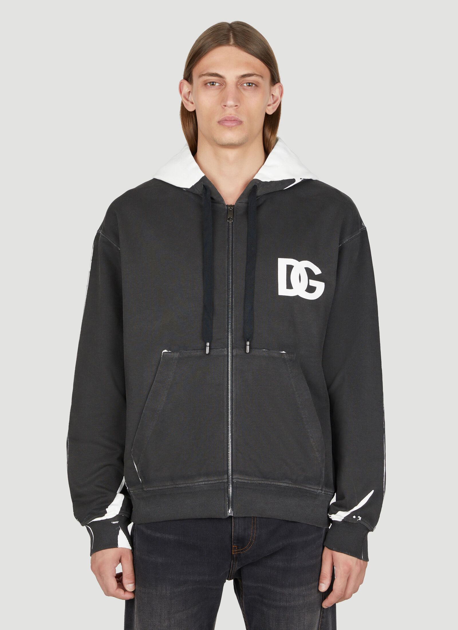 Dolce Gabbana Men s Distressed Logo Print Hooded Zip Up Sweatshirt in Black LN CC