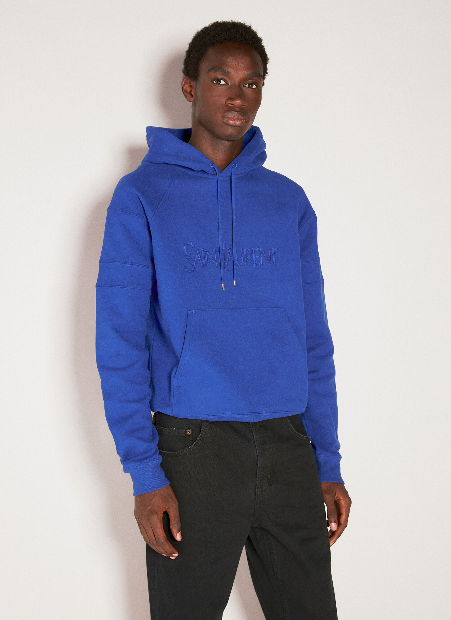 Shop Saint Laurent Logo Embroidery Hooded Sweatshirt In Blue