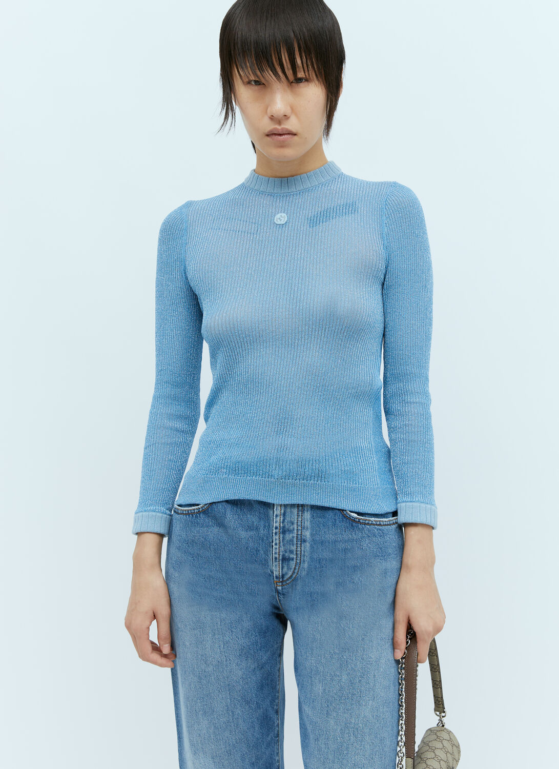 Shop Gucci Extra Frine Lamé Knit Top In Blue