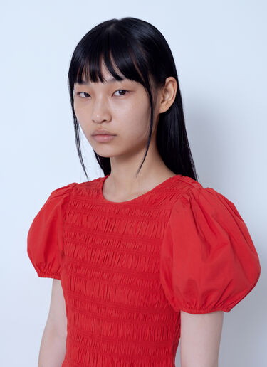 LN-CC® - GANNI: Stretch Cotton Long Smocked Pleated Dress - Red GANNI Stretch Cotton Long Smocked Pleated Dress Red gan0265037