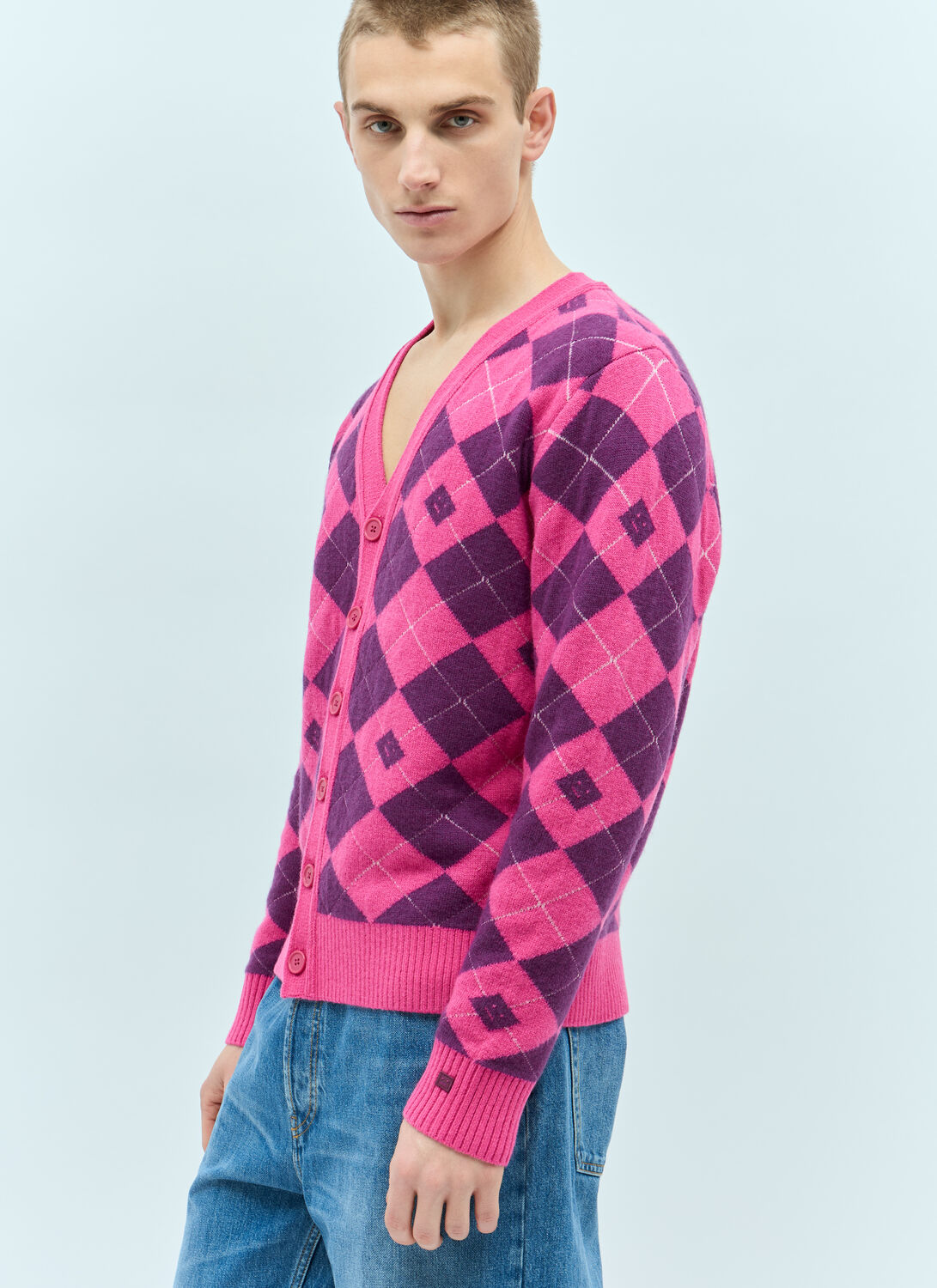 Shop Acne Studios Argyle Jacquard Cardigan In Pink