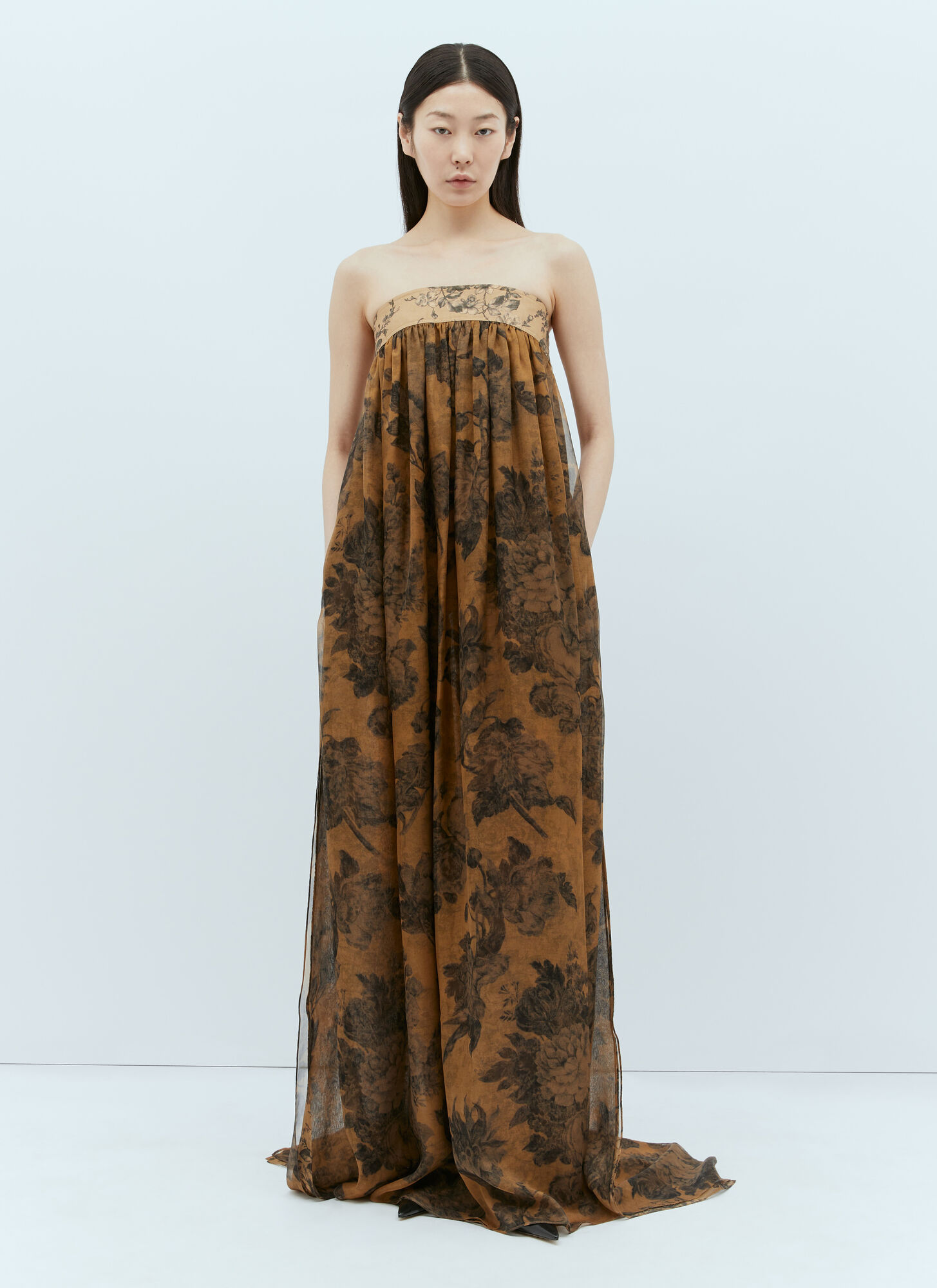 Shop Max Mara Floral Silk Chiffon Bustier Dress In Brown