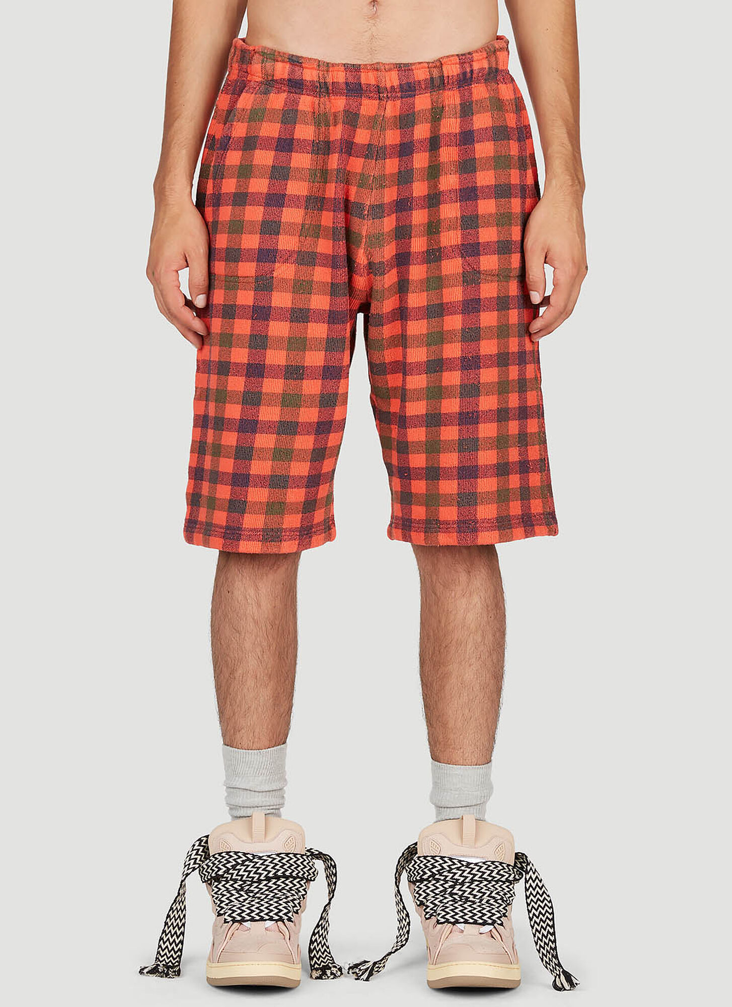 Shop Erl Check Print Fleece-jersey Bermuda Shorts In Orange