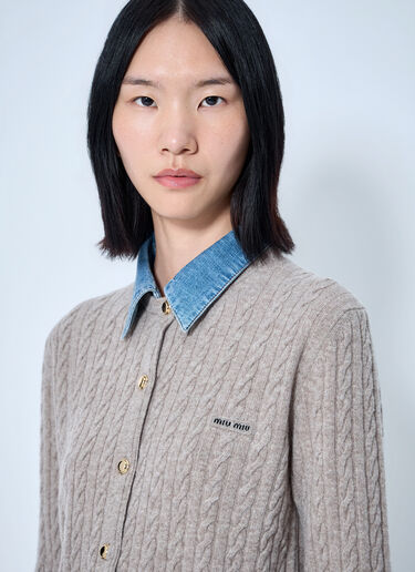 LN-CC® - Miu Miu: Cable Knit Cardigan with Denim Collar - Beige Miu Miu Cable Knit Cardigan with Denim Collar Beige miu0266001