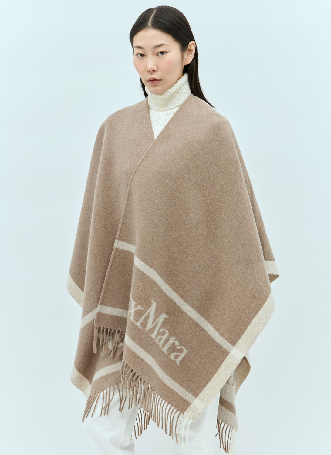 Shop Max Mara Wool Cloak With Fringes In Brown