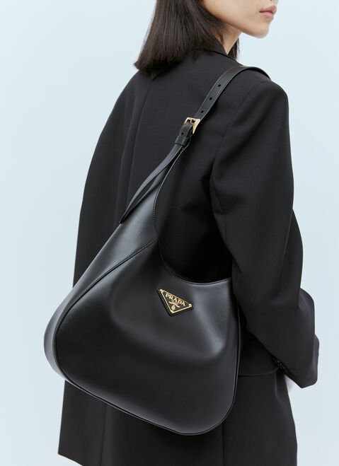 Prada Logo Plaque Leather Shoulder Bag Black pra0254029