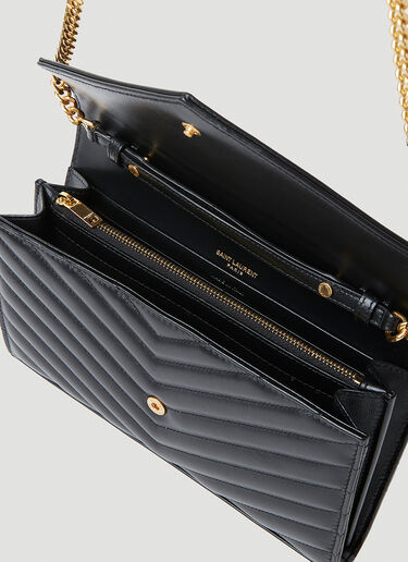 Cassandre Matelasse Envelope Leather Wallet On Chain in Black