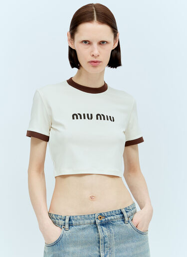 Miu Miu 로고 프린트 크롭 티셔츠 크림 miu0256080