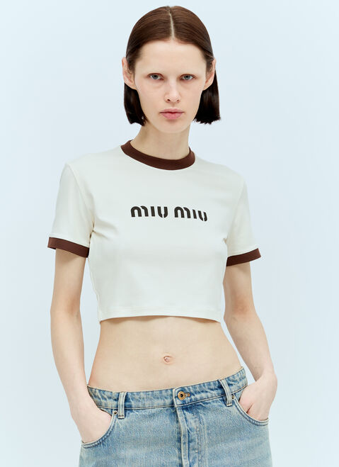 Miu Miu Logo Print Cropped T-Shirt Cream miu0256080
