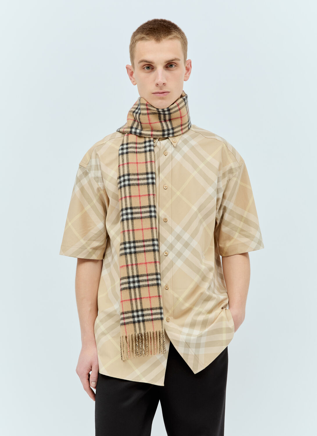 Shop Burberry Reversible Check Cashmere Scarf In Beige