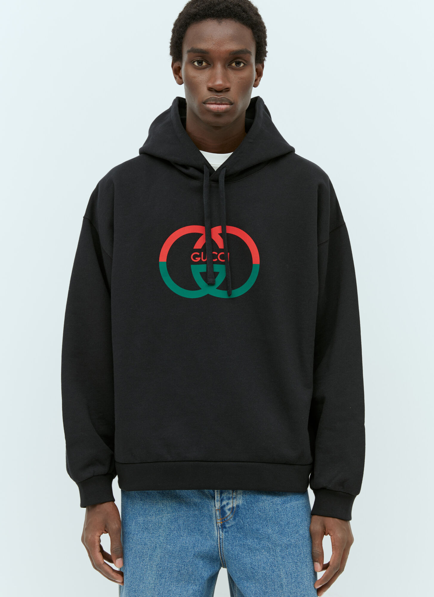 Shop Gucci Logo Print Hooded Sweatshirt In Black