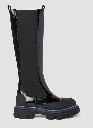 GANNI Patent Knee High Chelsea Boots Black gan0253091