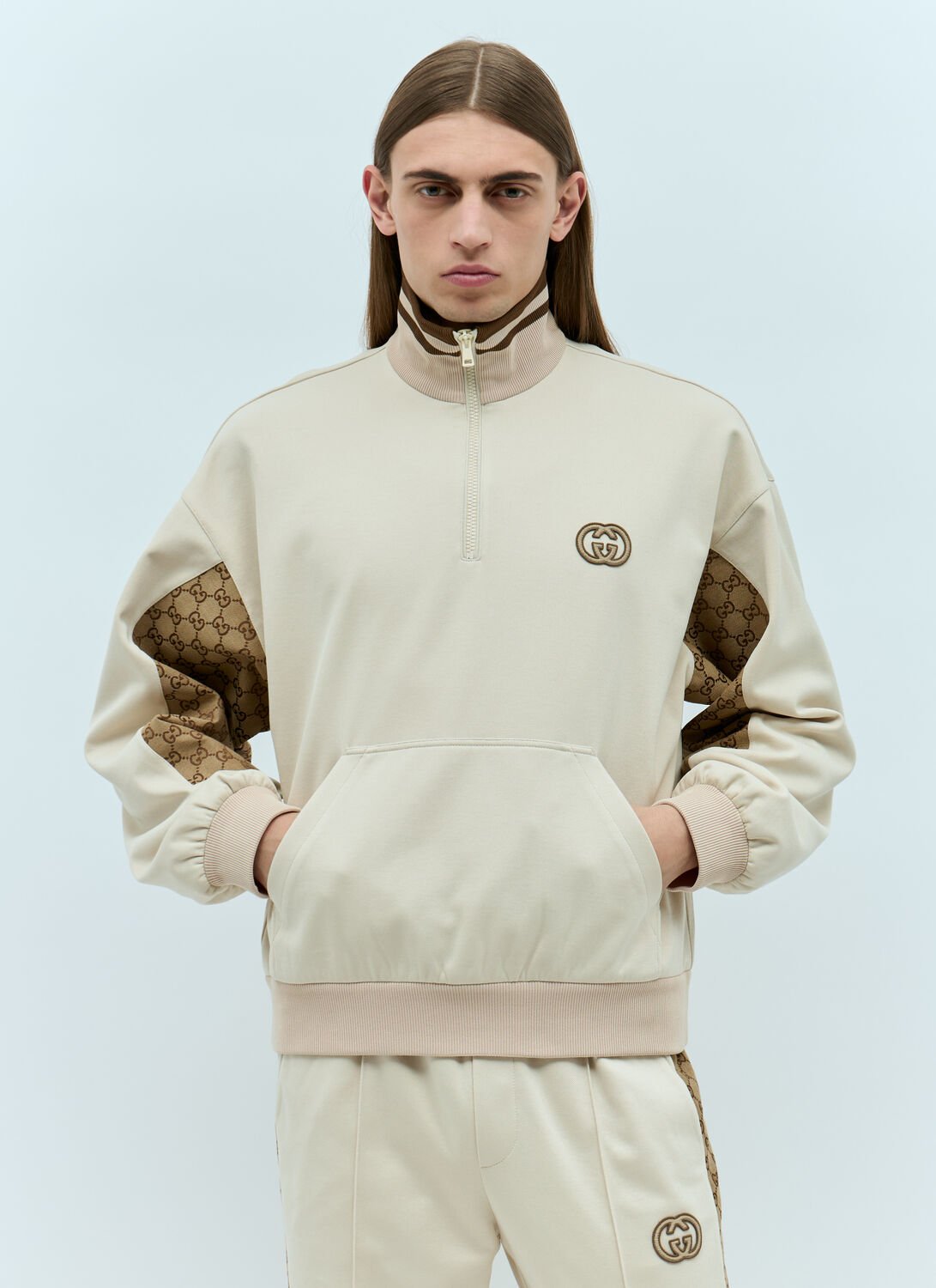 Shop Gucci Gg Half-zip Sweatshirt In Beige